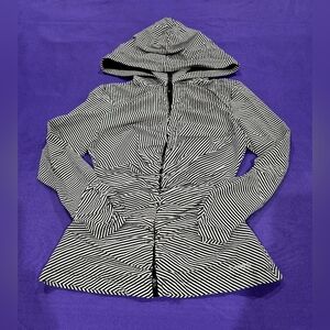 Bebe Sport Logo Striped Black & White Ruched Hooded Jacket - Small.